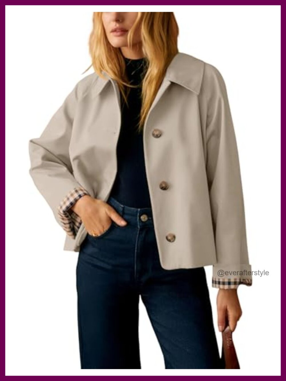 Women's Short Trench Jacket Plaid Lining Button Front Lightweight Casual